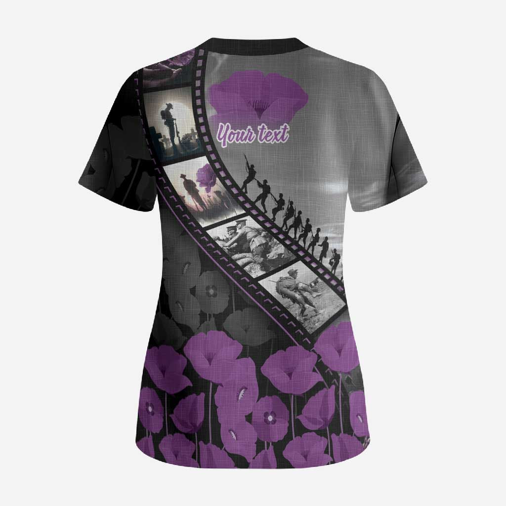 Personalised Remembering ANZAC Lest We Forget Scrub Top Vintage Film Frame Memorial Purple Poppy LT9 - Polynesian Pride