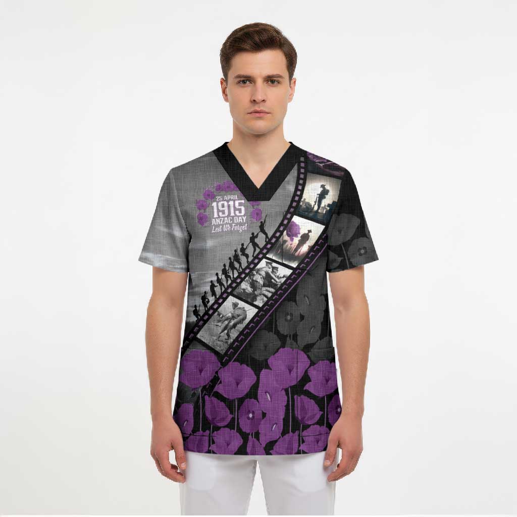 Personalised Remembering ANZAC Lest We Forget Scrub Top Vintage Film Frame Memorial Purple Poppy LT9 - Polynesian Pride