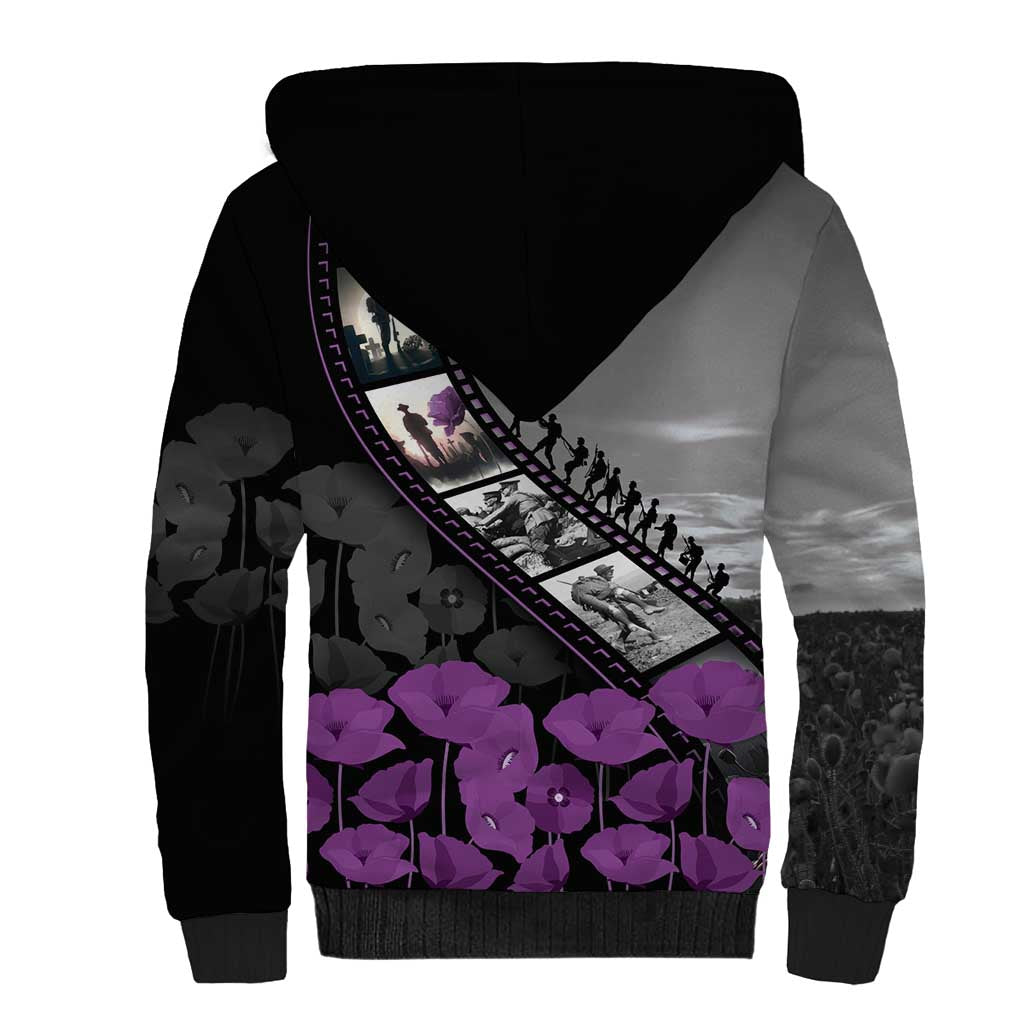 Personalised Remembering ANZAC Lest We Forget Sherpa Hoodie Vintage Film Frame Memorial Purple Poppy LT9 - Polynesian Pride