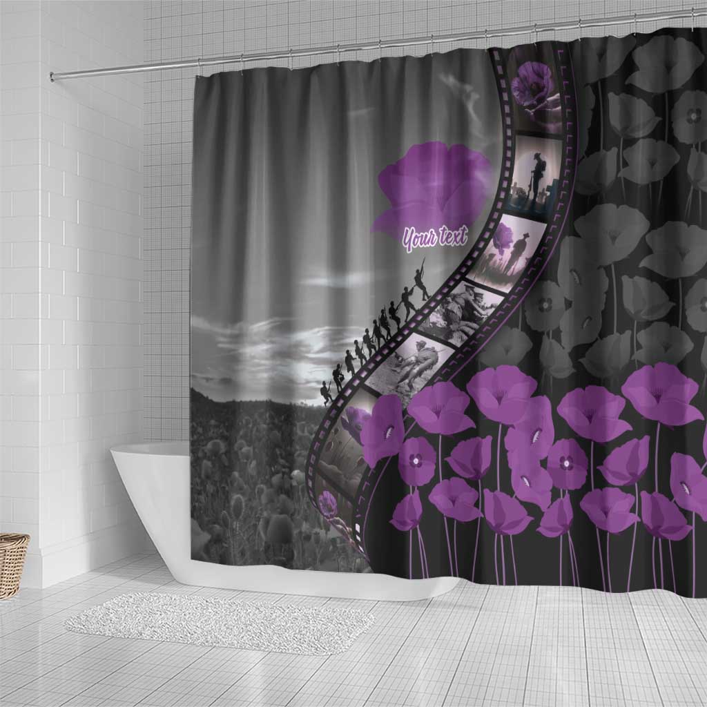 Personalised Remembering ANZAC Lest We Forget Shower Curtain Vintage Film Frame Memorial Purple Poppy