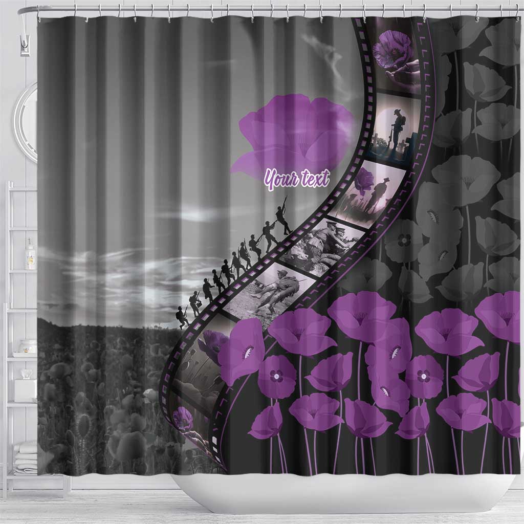 Personalised Remembering ANZAC Lest We Forget Shower Curtain Vintage Film Frame Memorial Purple Poppy