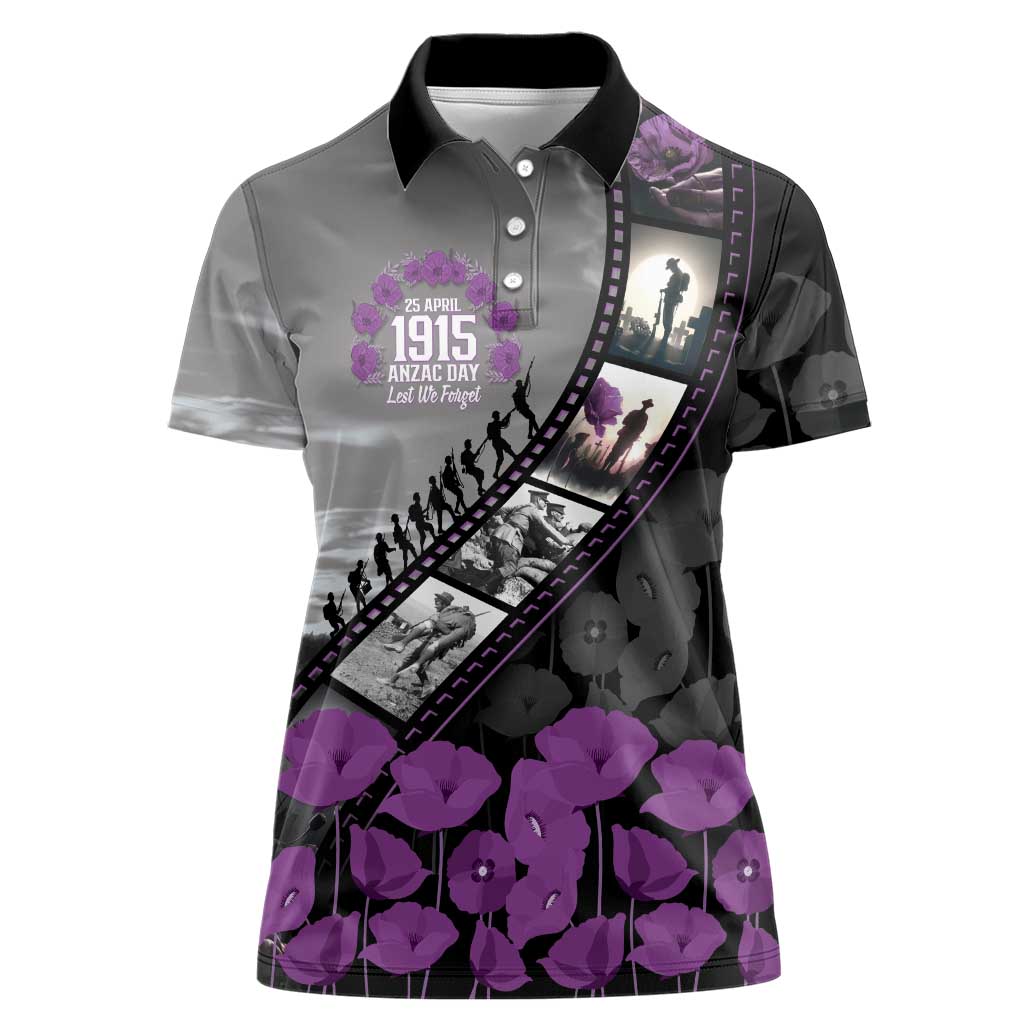 Personalised Remembering ANZAC Lest We Forget Women Polo Shirt Vintage Film Frame Memorial Purple Poppy
