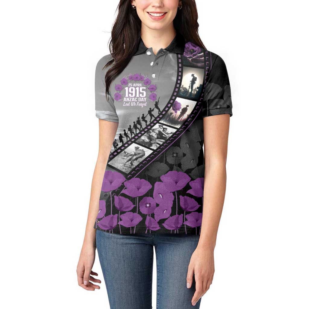 Personalised Remembering ANZAC Lest We Forget Women Polo Shirt Vintage Film Frame Memorial Purple Poppy LT9 - Polynesian Pride