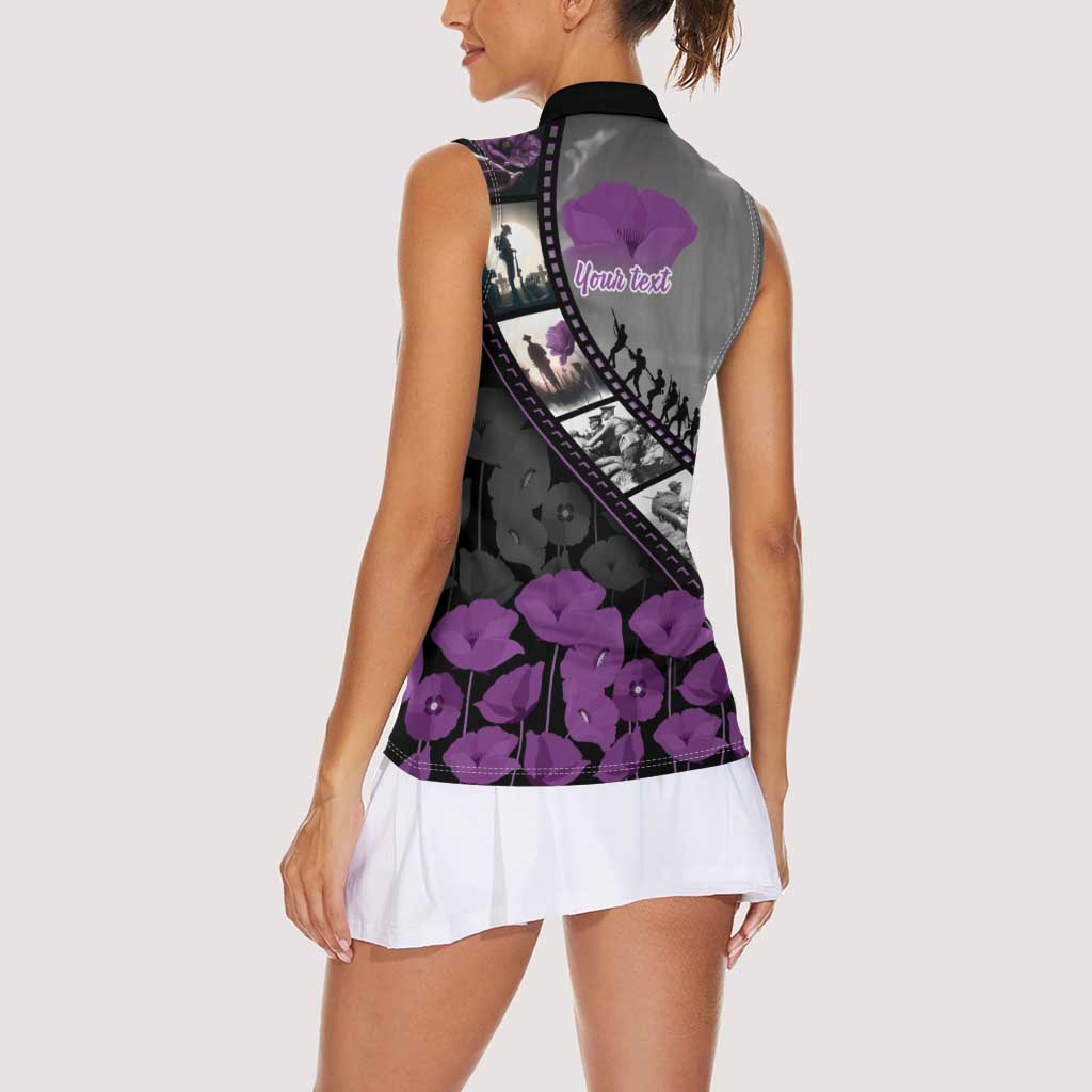 Personalised Remembering ANZAC Lest We Forget Women Sleeveless Polo Shirt Vintage Film Frame Memorial Purple Poppy LT9 - Polynesian Pride