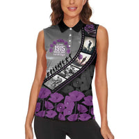 Personalised Remembering ANZAC Lest We Forget Women Sleeveless Polo Shirt Vintage Film Frame Memorial Purple Poppy LT9 - Polynesian Pride
