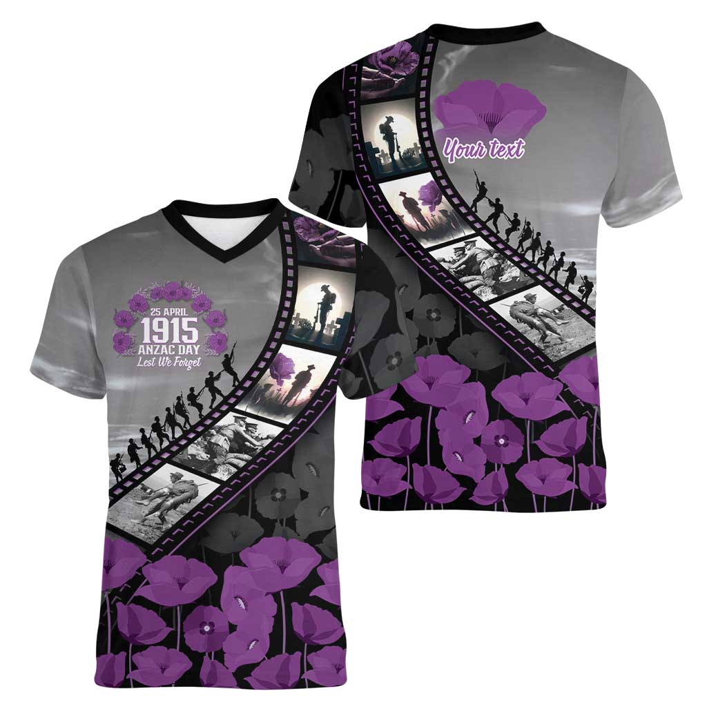 Personalised Remembering ANZAC Lest We Forget Women V-Neck T-Shirt Vintage Film Frame Memorial Purple Poppy LT9 - Polynesian Pride