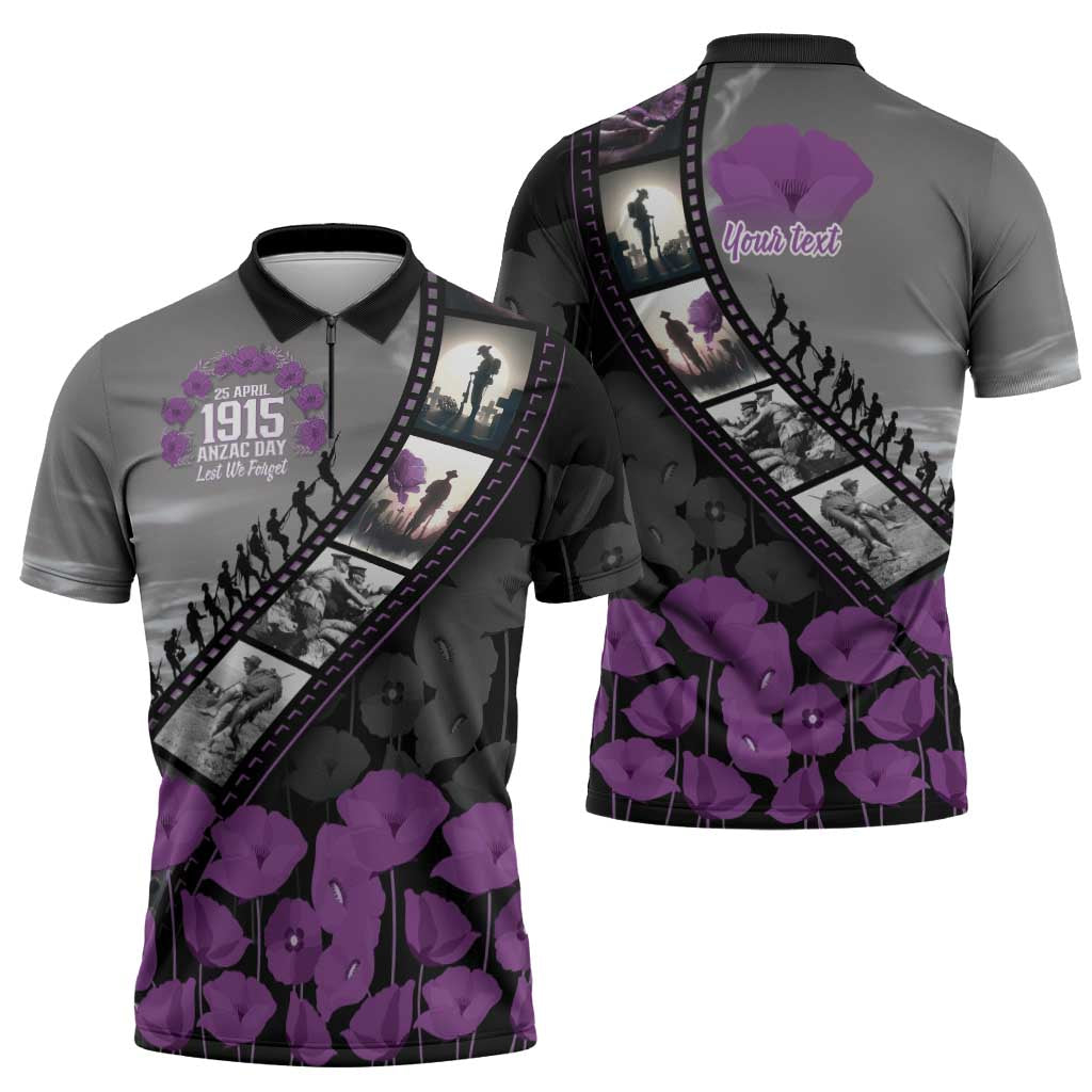 Personalised Remembering ANZAC Lest We Forget Zipper Polo Shirt Vintage Film Frame Memorial Purple Poppy LT9 - Polynesian Pride