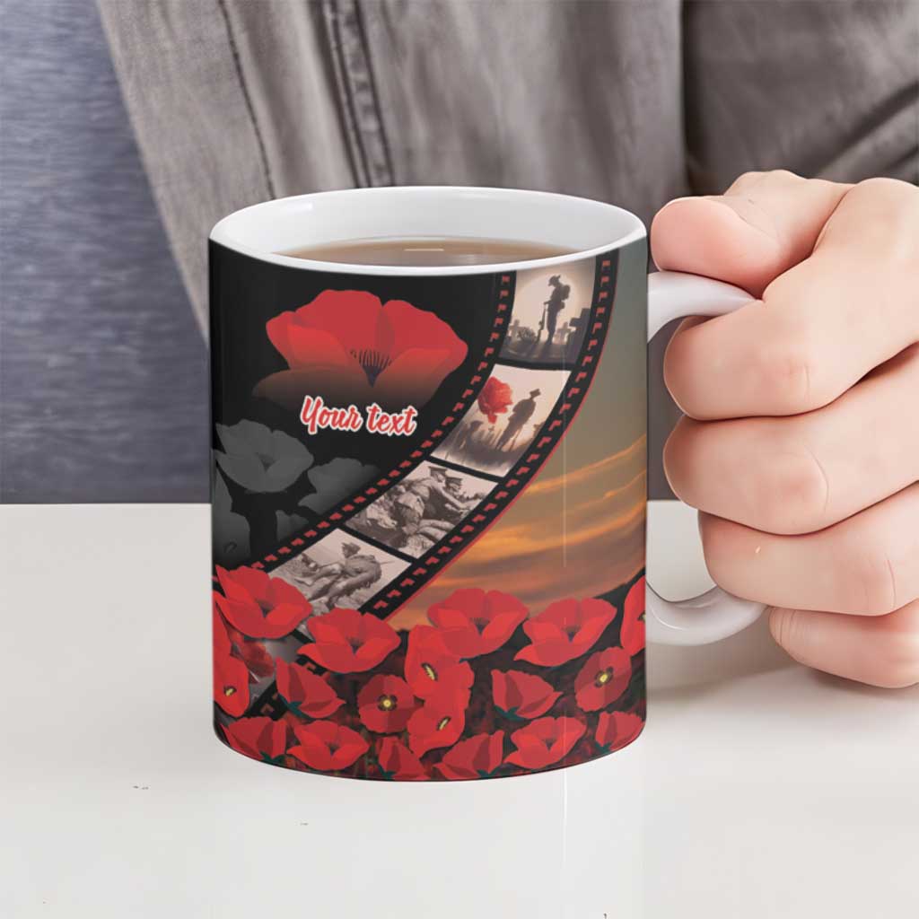 Personalised Remembering ANZAC Lest We Forget Ceramic Mug Vintage Film Frame Memorial Red Poppy