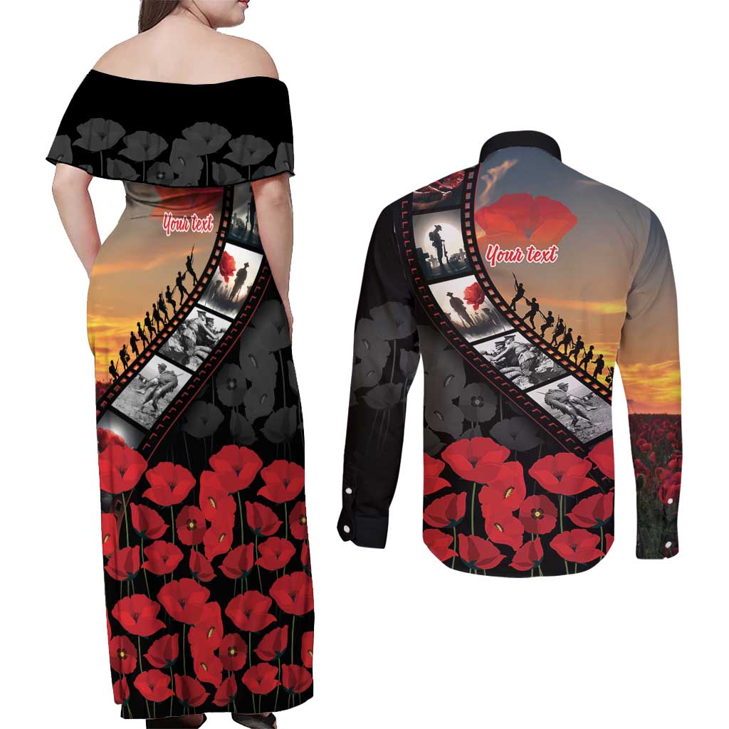 Personalised Remembering ANZAC Lest We Forget Couples Matching Off Shoulder Maxi Dress and Long Sleeve Button Shirt Vintage Film Frame Memorial Red Poppy LT9 - Polynesian Pride