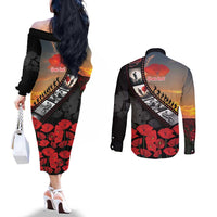 Personalised Remembering ANZAC Lest We Forget Couples Matching Off The Shoulder Long Sleeve Dress and Long Sleeve Button Shirt Vintage Film Frame Memorial Red Poppy LT9 - Polynesian Pride