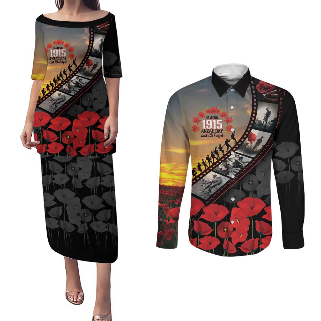 Personalised Remembering ANZAC Lest We Forget Couples Matching Puletasi and Long Sleeve Button Shirt Vintage Film Frame Memorial Red Poppy LT9 Red - Polynesian Pride