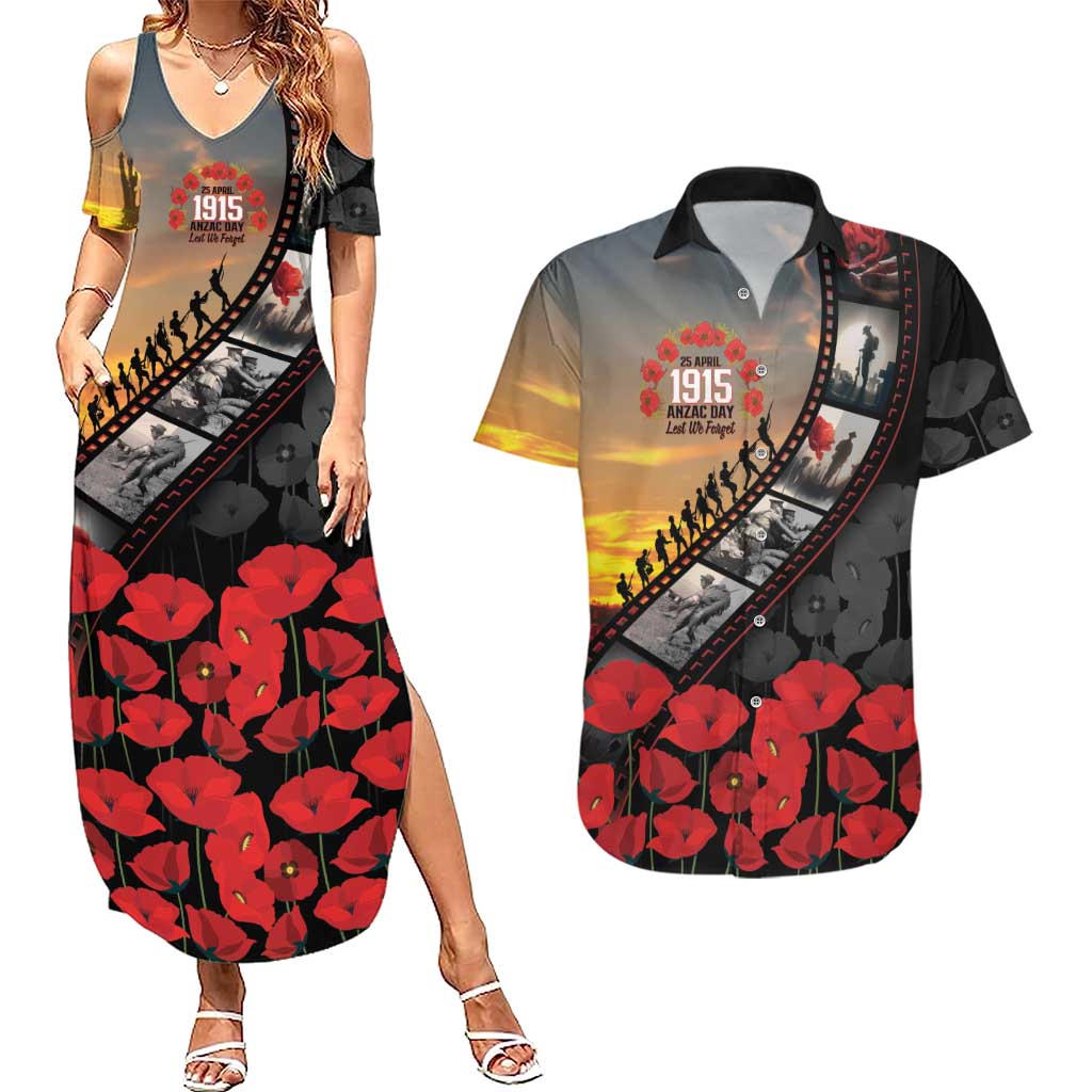 Personalised Remembering ANZAC Lest We Forget Couples Matching Summer Maxi Dress and Hawaiian Shirt Vintage Film Frame Memorial Red Poppy LT9 Red - Polynesian Pride