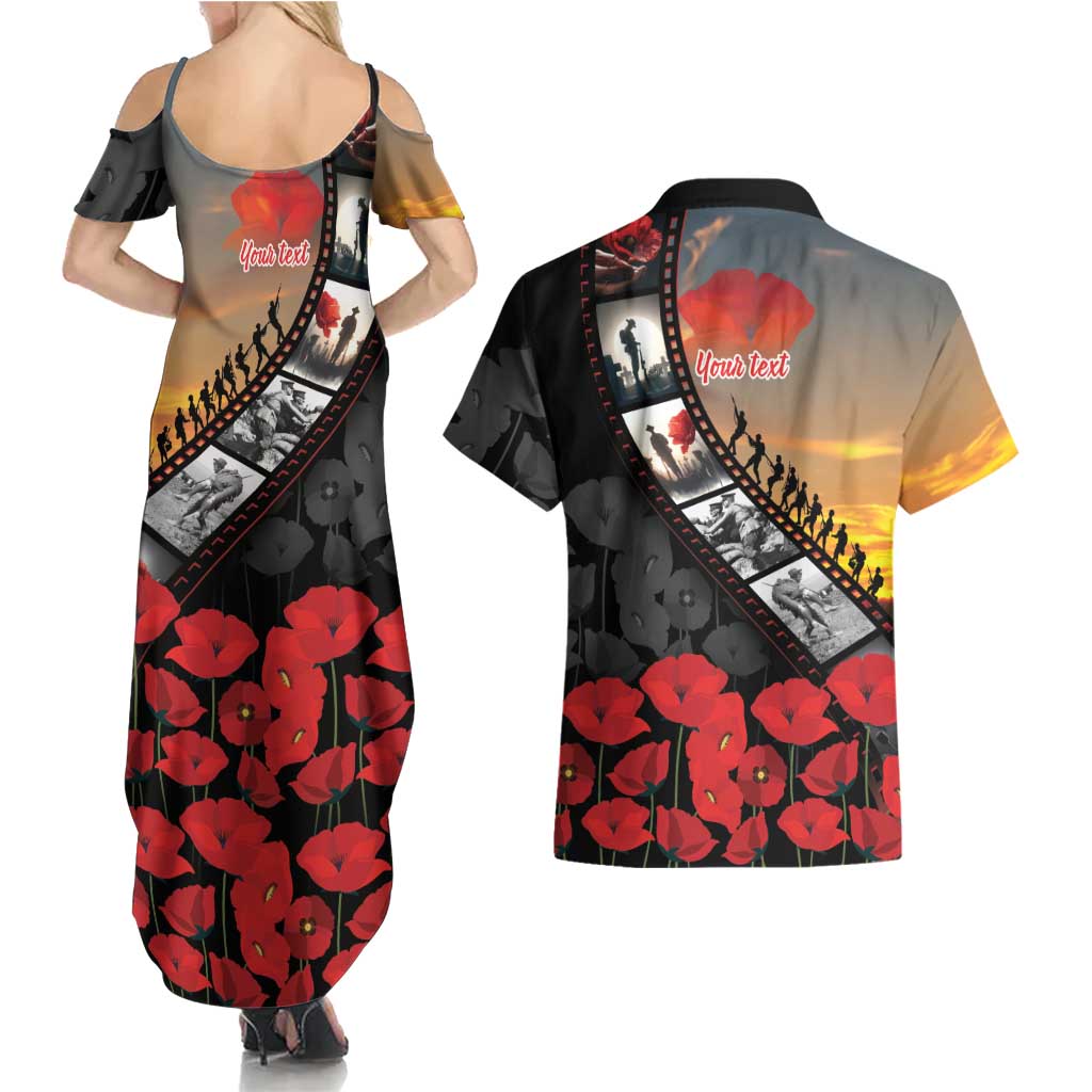 Personalised Remembering ANZAC Lest We Forget Couples Matching Summer Maxi Dress and Hawaiian Shirt Vintage Film Frame Memorial Red Poppy LT9 - Polynesian Pride
