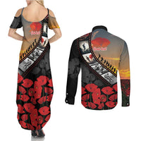Personalised Remembering ANZAC Lest We Forget Couples Matching Summer Maxi Dress and Long Sleeve Button Shirt Vintage Film Frame Memorial Red Poppy LT9 - Polynesian Pride