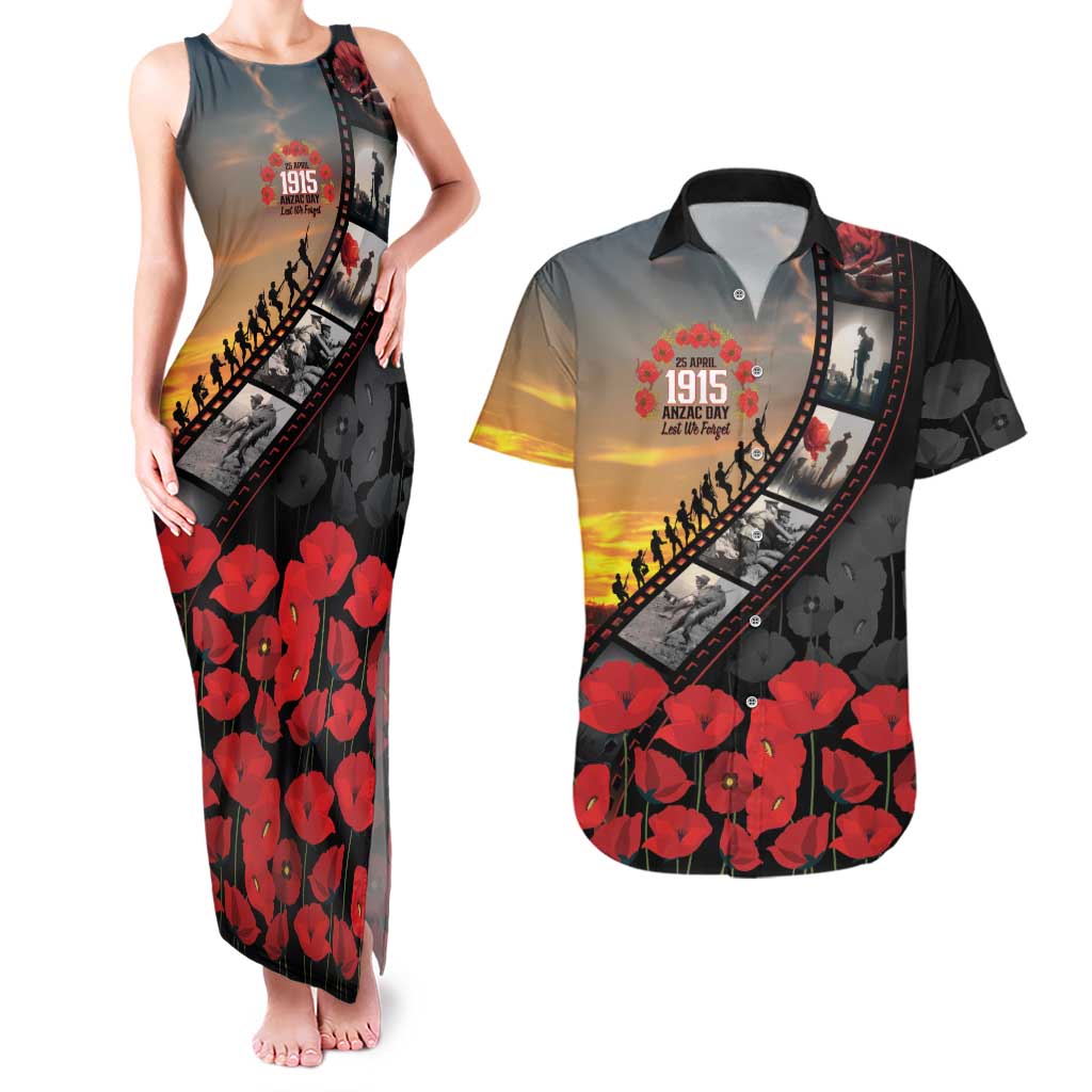 Personalised Remembering ANZAC Lest We Forget Couples Matching Tank Maxi Dress and Hawaiian Shirt Vintage Film Frame Memorial Red Poppy LT9 Red - Polynesian Pride