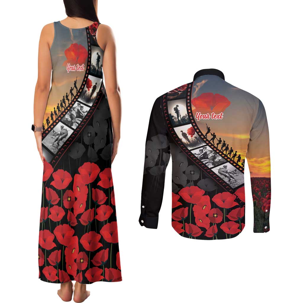 Personalised Remembering ANZAC Lest We Forget Couples Matching Tank Maxi Dress and Long Sleeve Button Shirt Vintage Film Frame Memorial Red Poppy LT9 - Polynesian Pride