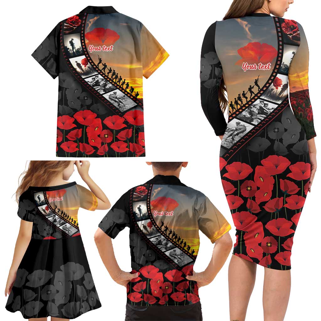 Personalised Remembering ANZAC Lest We Forget Family Matching Long Sleeve Bodycon Dress and Hawaiian Shirt Vintage Film Frame Memorial Red Poppy LT9 - Polynesian Pride