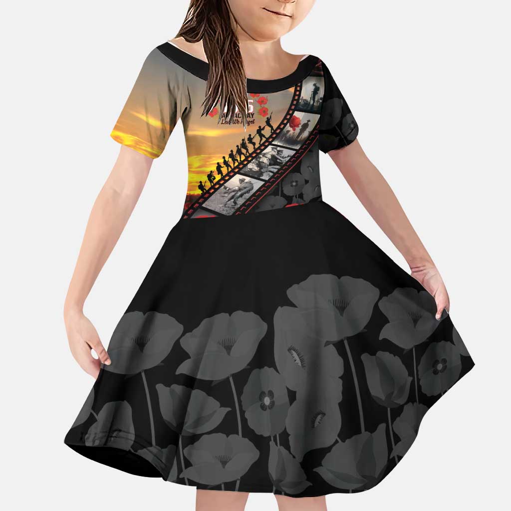 Personalised Remembering ANZAC Lest We Forget Family Matching Mermaid Dress and Hawaiian Shirt Vintage Film Frame Memorial Red Poppy LT9 Daughter's Dress Red - Polynesian Pride