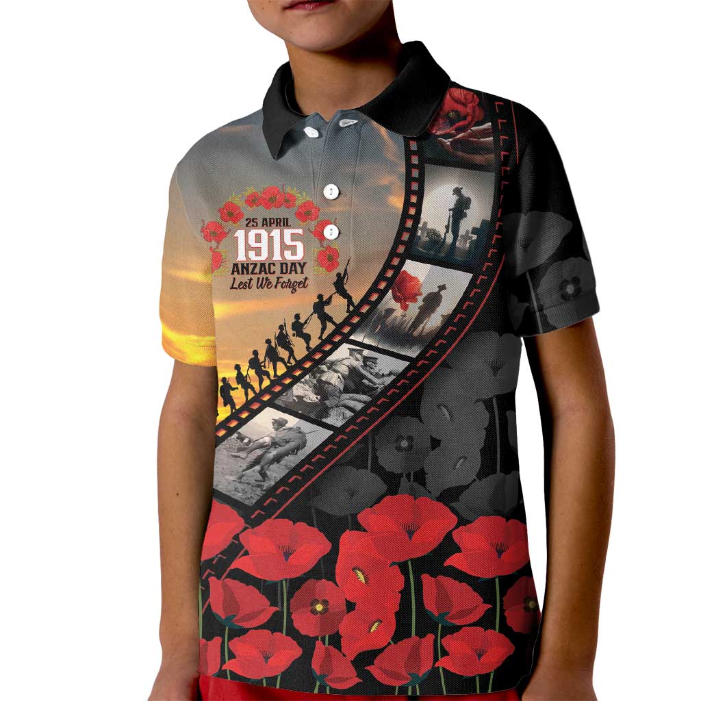 Personalised Remembering ANZAC Lest We Forget Kid Polo Shirt Vintage Film Frame Memorial Red Poppy