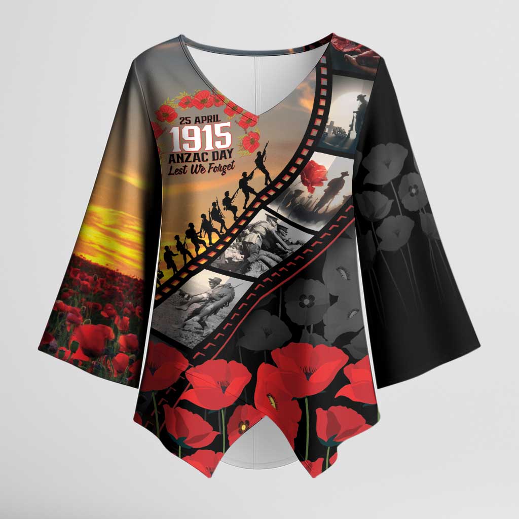 Personalised Remembering ANZAC Lest We Forget Kimono Sleeve Blouse Vintage Film Frame Memorial Red Poppy LT9 Female Red - Polynesian Pride