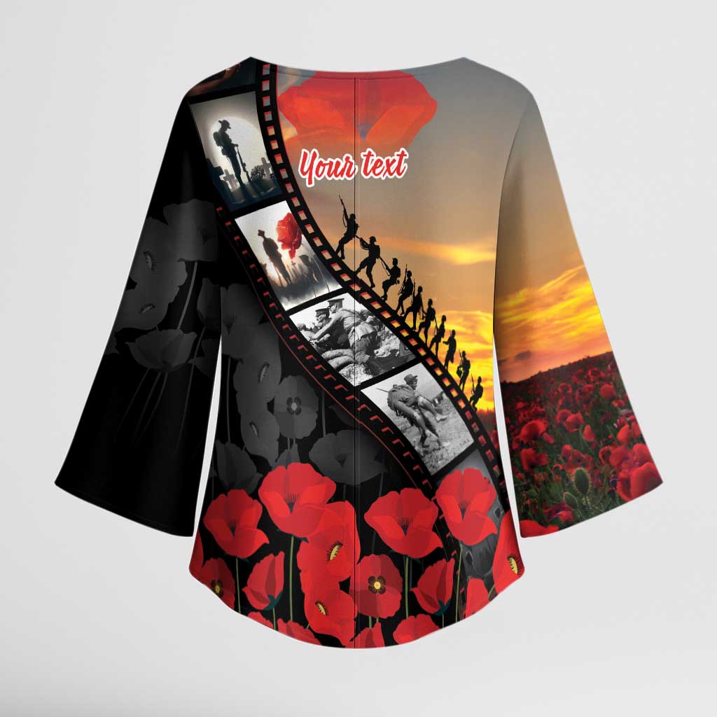 Personalised Remembering ANZAC Lest We Forget Kimono Sleeve Blouse Vintage Film Frame Memorial Red Poppy LT9 - Polynesian Pride
