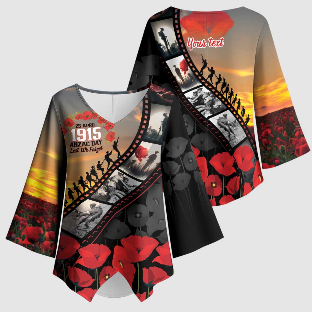 Personalised Remembering ANZAC Lest We Forget Kimono Sleeve Blouse Vintage Film Frame Memorial Red Poppy LT9 - Polynesian Pride