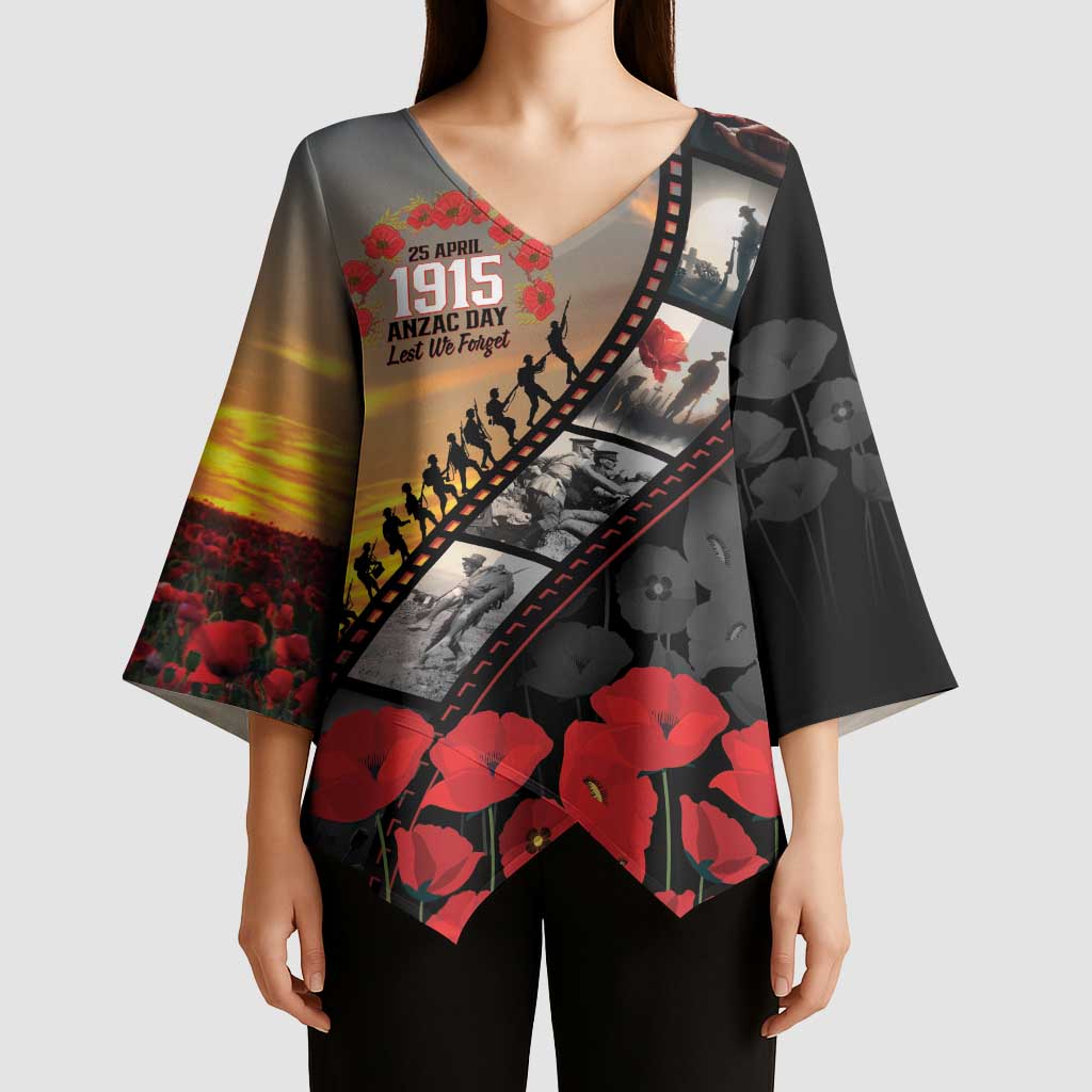 Personalised Remembering ANZAC Lest We Forget Kimono Sleeve Blouse Vintage Film Frame Memorial Red Poppy LT9 - Polynesian Pride