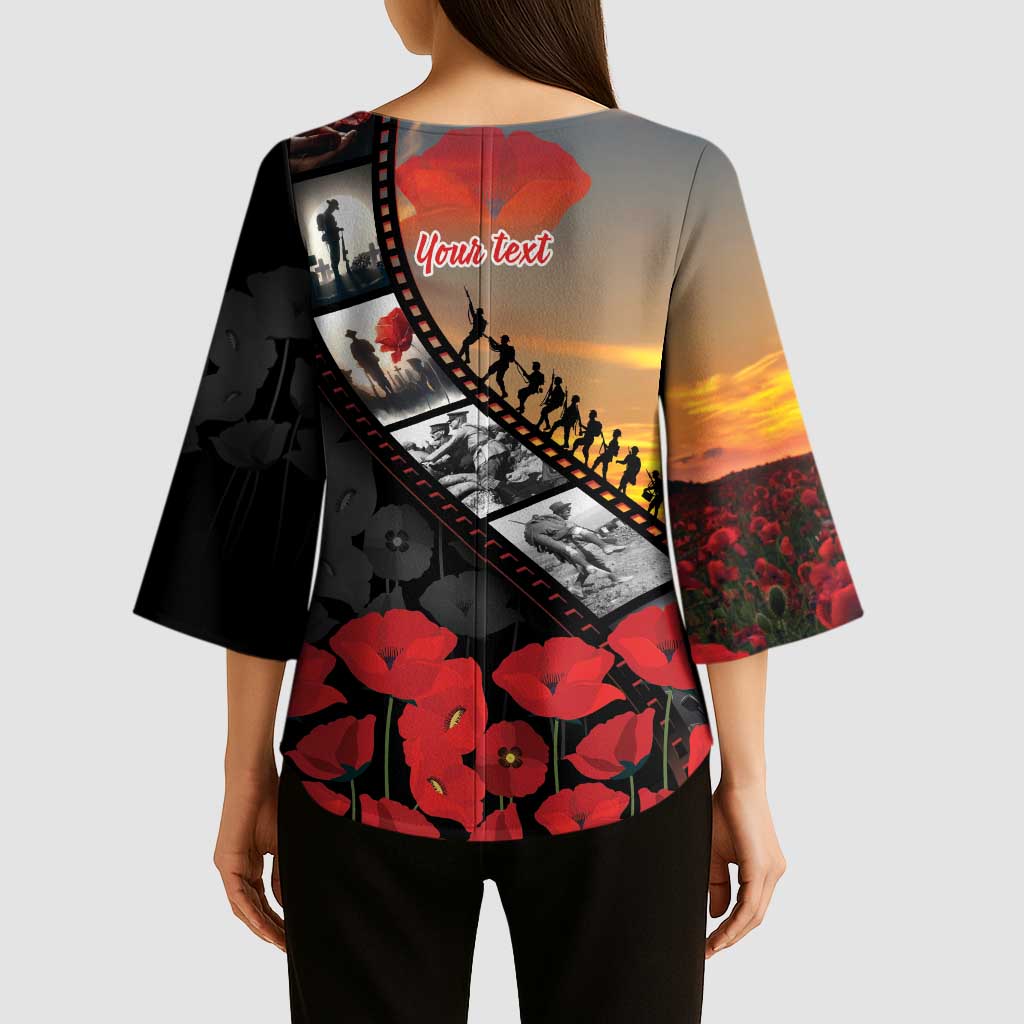 Personalised Remembering ANZAC Lest We Forget Kimono Sleeve Blouse Vintage Film Frame Memorial Red Poppy LT9 - Polynesian Pride