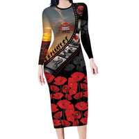 Personalised Remembering ANZAC Lest We Forget Long Sleeve Bodycon Dress Vintage Film Frame Memorial Red Poppy LT9 Long Dress Red - Polynesian Pride