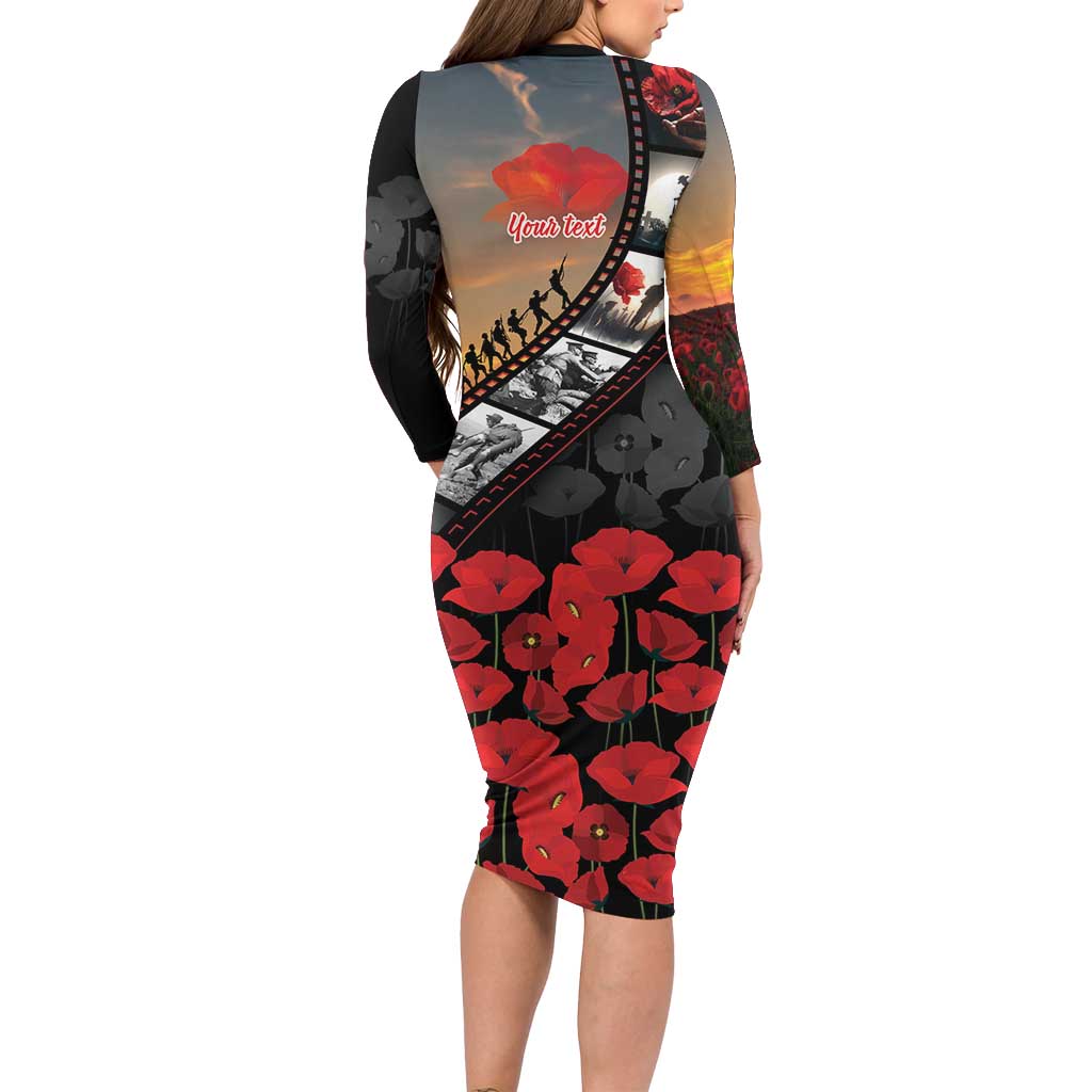 Personalised Remembering ANZAC Lest We Forget Long Sleeve Bodycon Dress Vintage Film Frame Memorial Red Poppy LT9 - Polynesian Pride