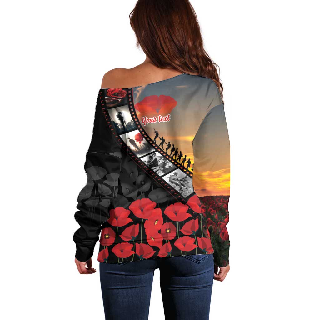Personalised Remembering ANZAC Lest We Forget Off Shoulder Sweater Vintage Film Frame Memorial Red Poppy