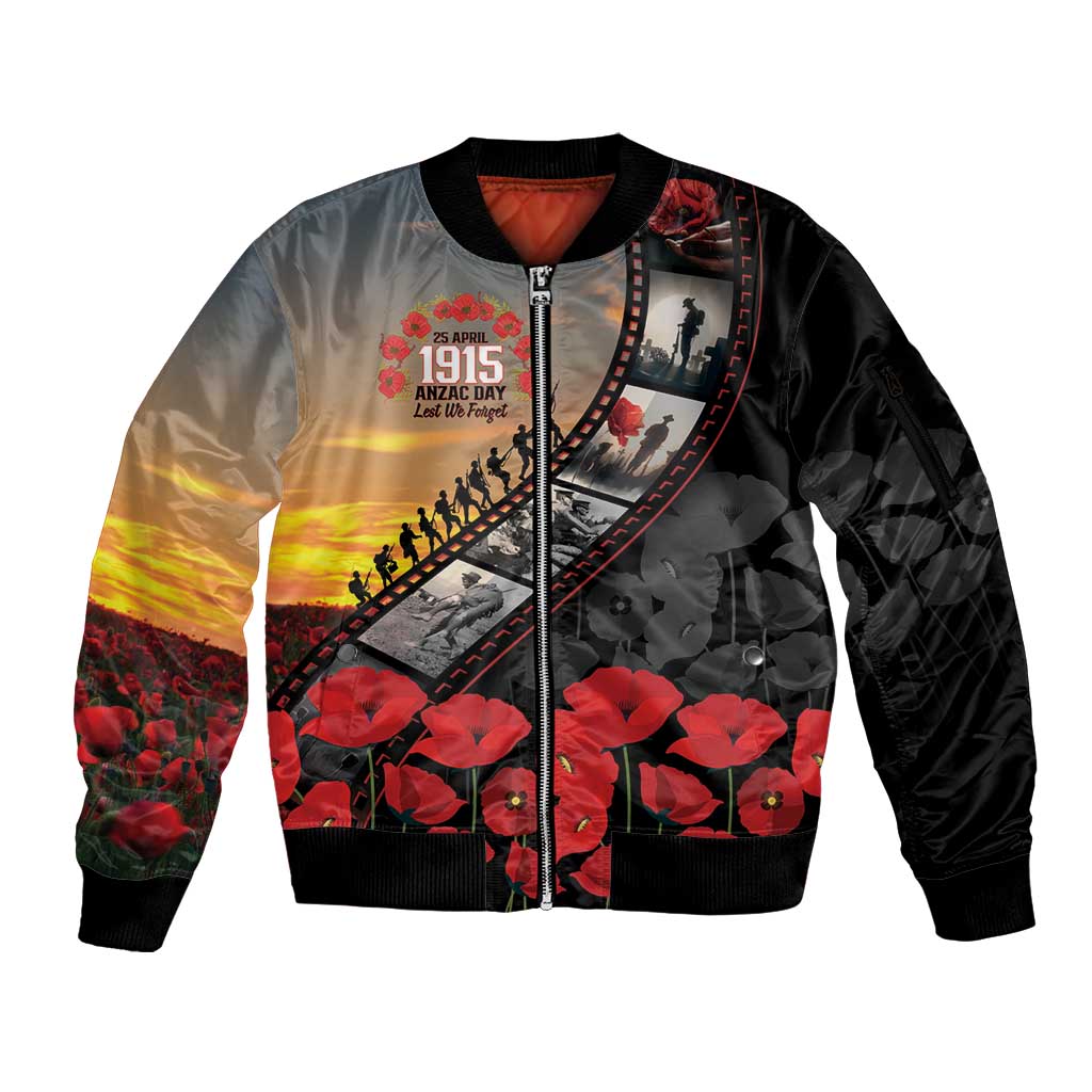 Personalised Remembering ANZAC Lest We Forget Sleeve Zip Bomber Jacket Vintage Film Frame Memorial Red Poppy