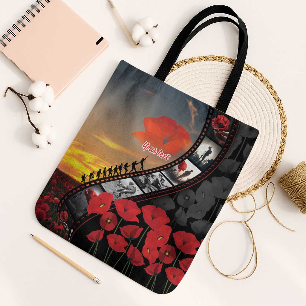 Personalised Remembering ANZAC Lest We Forget Tote Bag Vintage Film Frame Memorial Red Poppy LT9 Black Strap One Size Red - Polynesian Pride