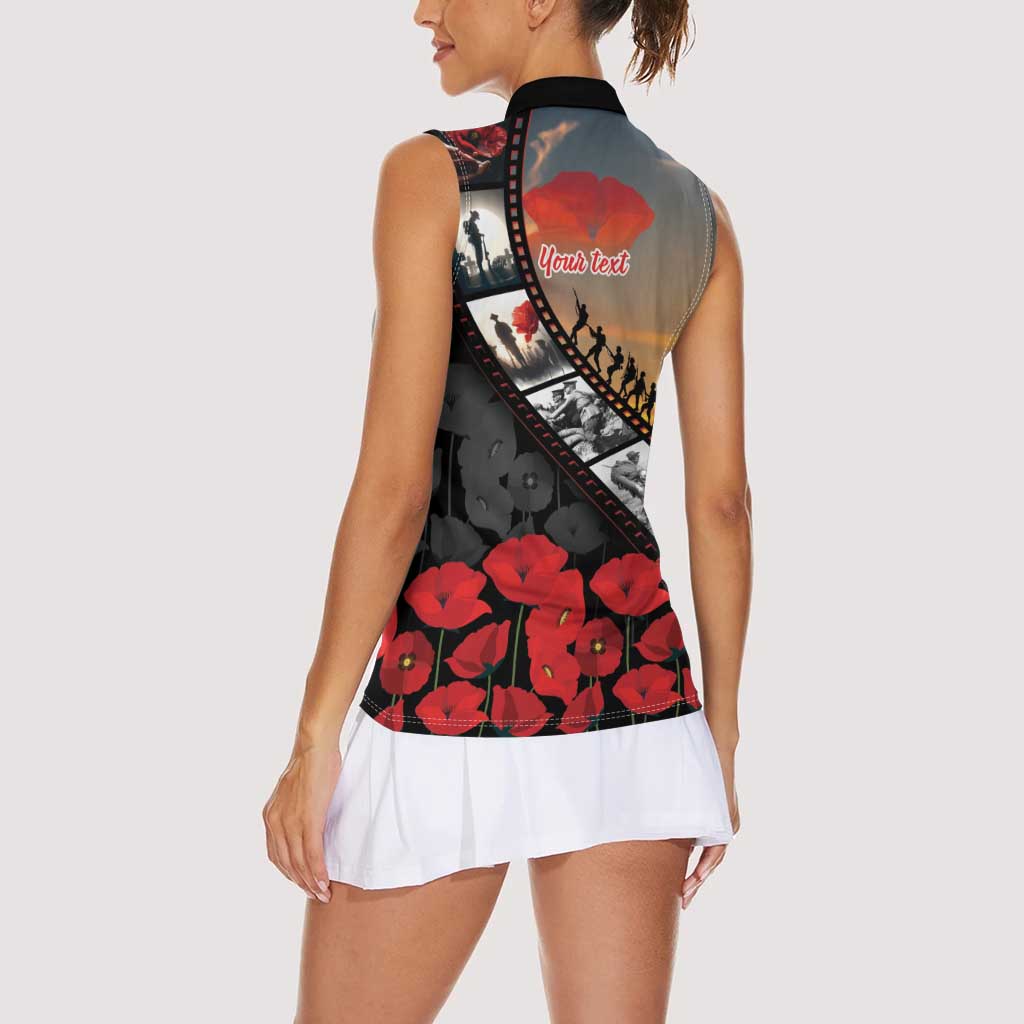 Personalised Remembering ANZAC Lest We Forget Women Sleeveless Polo Shirt Vintage Film Frame Memorial Red Poppy LT9 - Polynesian Pride