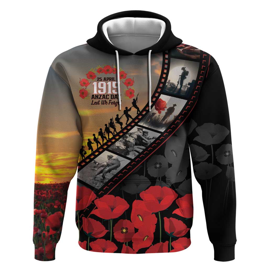 Personalised Remembering ANZAC Lest We Forget Zip Hoodie Vintage Film Frame Memorial Red Poppy LT9 Pullover Hoodie Red - Polynesian Pride