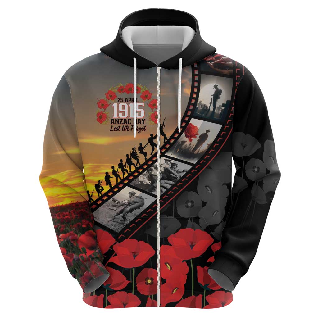 Personalised Remembering ANZAC Lest We Forget Zip Hoodie Vintage Film Frame Memorial Red Poppy LT9 - Polynesian Pride