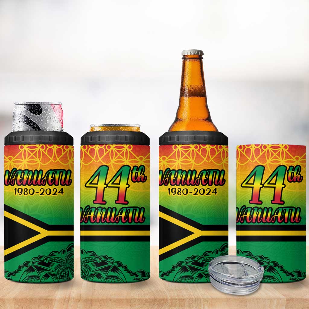 Hapi 44th Indipendens Dei Vanuatu 4 in 1 Can Cooler Tumbler Yumi 1980 with Vanuatuan Beach Landscape