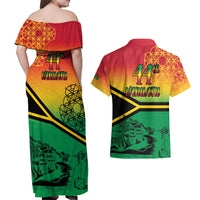 Hapi 44th Indipendens Dei Vanuatu Couples Matching Off Shoulder Maxi Dress and Hawaiian Shirt Yumi 1980 with Vanuatuan Beach Landscape