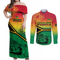 Hapi 44th Indipendens Dei Vanuatu Couples Matching Off Shoulder Maxi Dress and Long Sleeve Button Shirt Yumi 1980 with Vanuatuan Beach Landscape LT9 Reggae - Polynesian Pride