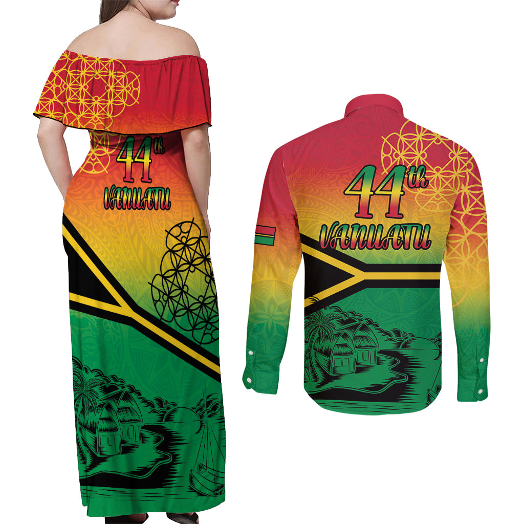 Hapi 44th Indipendens Dei Vanuatu Couples Matching Off Shoulder Maxi Dress and Long Sleeve Button Shirt Yumi 1980 with Vanuatuan Beach Landscape LT9 - Polynesian Pride