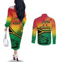 Hapi 44th Indipendens Dei Vanuatu Couples Matching Off The Shoulder Long Sleeve Dress and Long Sleeve Button Shirt Yumi 1980 with Vanuatuan Beach Landscape LT9 - Polynesian Pride