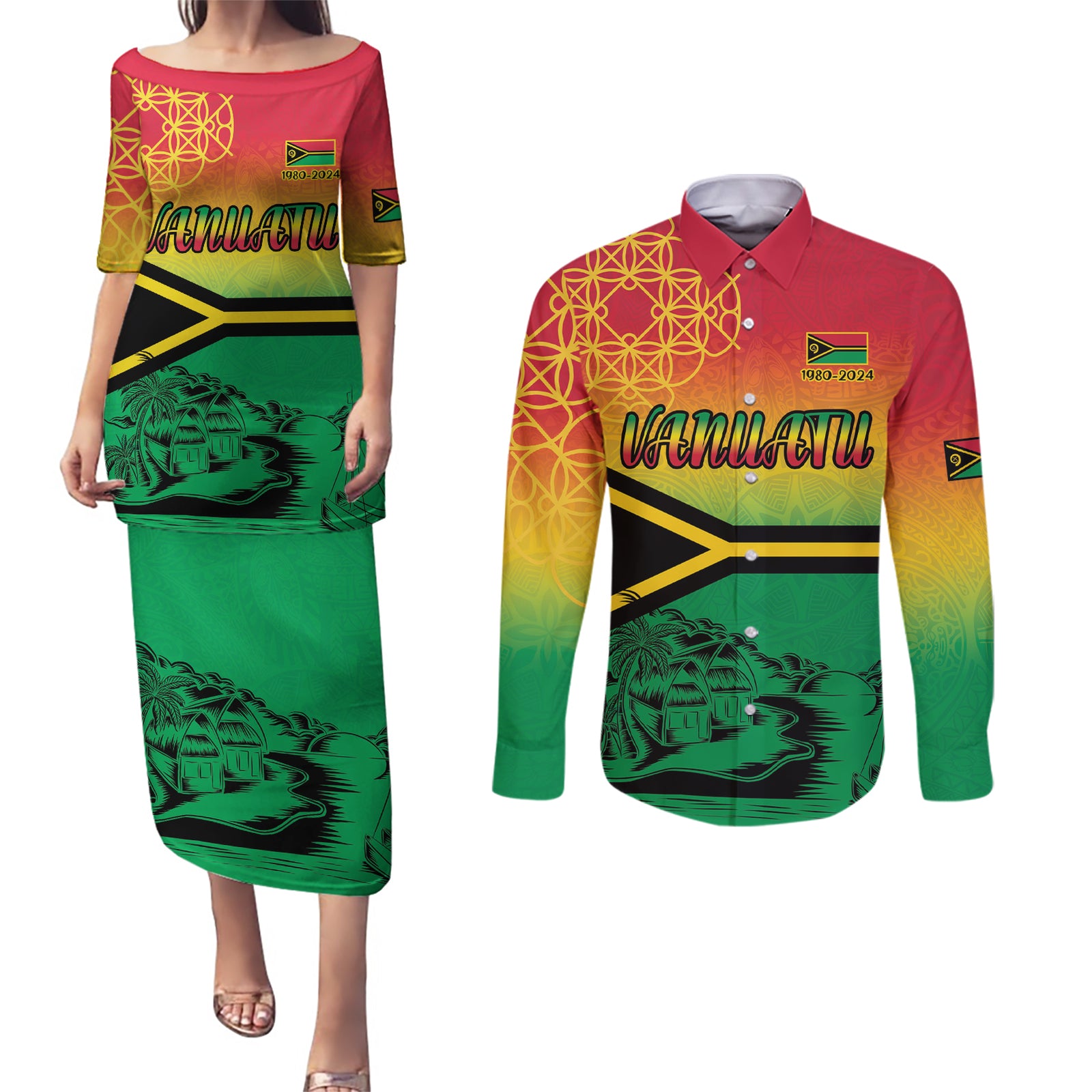 Hapi 44th Indipendens Dei Vanuatu Couples Matching Puletasi and Long Sleeve Button Shirt Yumi 1980 with Vanuatuan Beach Landscape