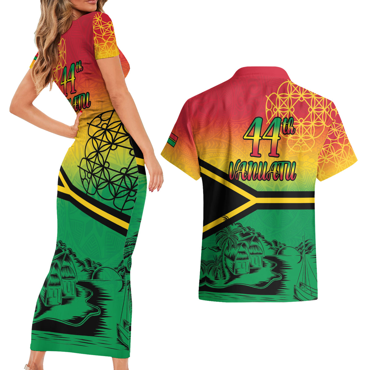 Hapi 44th Indipendens Dei Vanuatu Couples Matching Short Sleeve Bodycon Dress and Hawaiian Shirt Yumi 1980 with Vanuatuan Beach Landscape