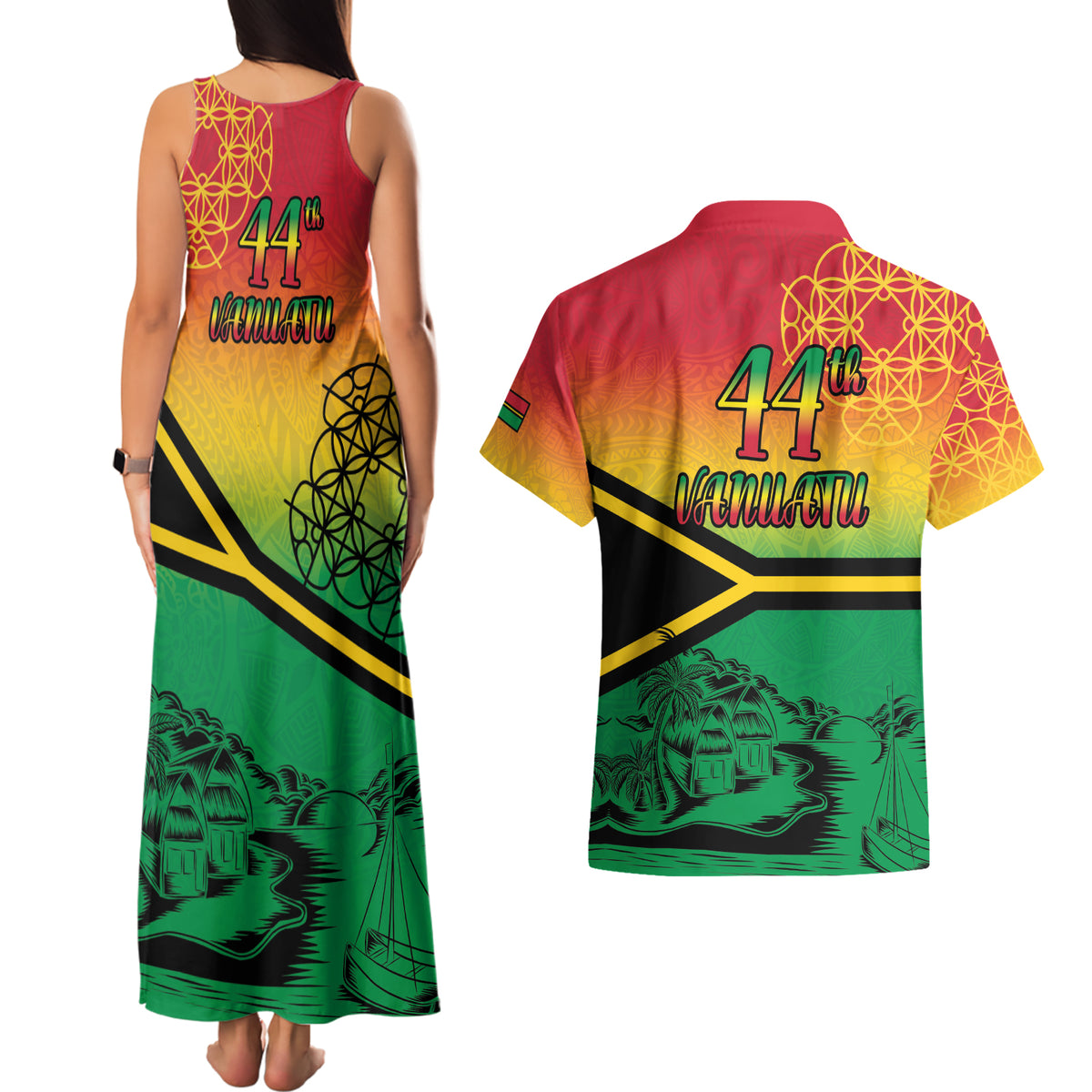 Hapi 44th Indipendens Dei Vanuatu Couples Matching Tank Maxi Dress and Hawaiian Shirt Yumi 1980 with Vanuatuan Beach Landscape LT9 - Polynesian Pride