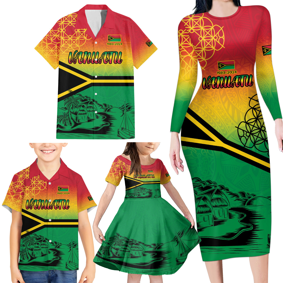 Hapi 44th Indipendens Dei Vanuatu Family Matching Long Sleeve Bodycon Dress and Hawaiian Shirt Yumi 1980 with Vanuatuan Beach Landscape LT9 - Polynesian Pride