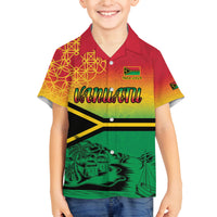Hapi 44th Indipendens Dei Vanuatu Family Matching Long Sleeve Bodycon Dress and Hawaiian Shirt Yumi 1980 with Vanuatuan Beach Landscape LT9 Son's Shirt Reggae - Polynesian Pride