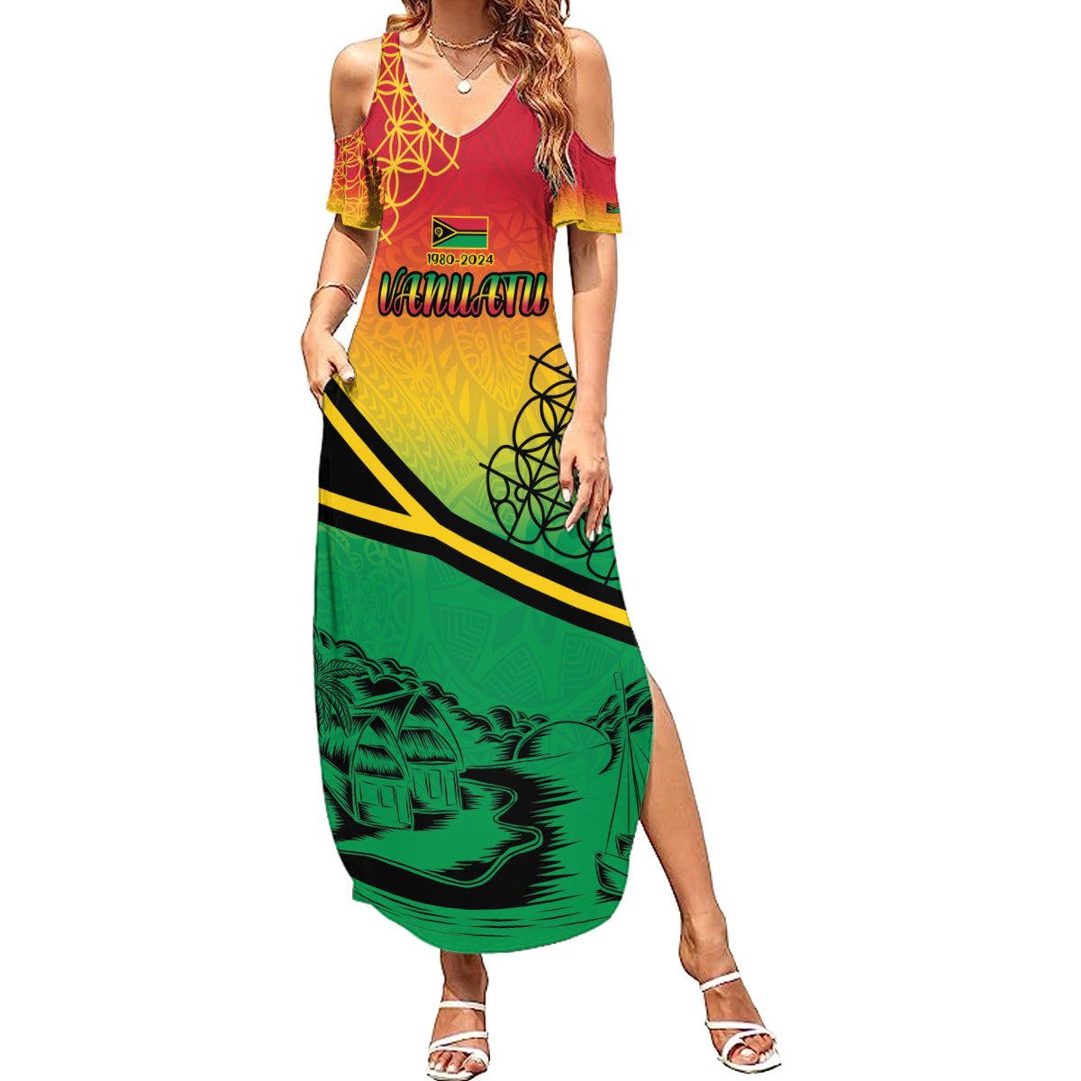 Hapi 44th Indipendens Dei Vanuatu Family Matching Summer Maxi Dress and Hawaiian Shirt Yumi 1980 with Vanuatuan Beach Landscape
