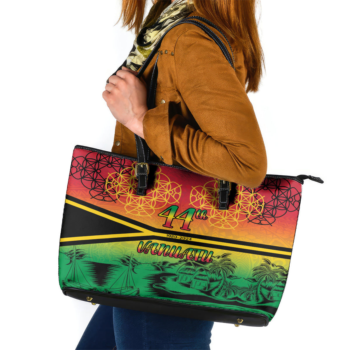 Hapi 44th Indipendens Dei Vanuatu Leather Tote Bag Yumi 1980 with Vanuatuan Beach Landscape LT9 Reggae - Polynesian Pride