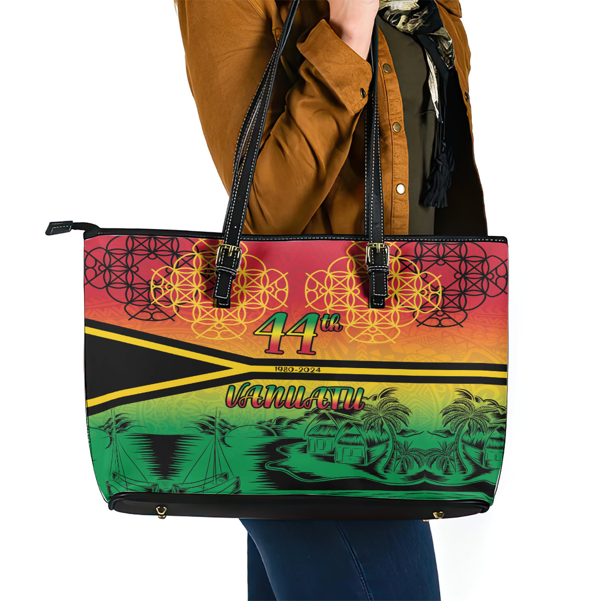 Hapi 44th Indipendens Dei Vanuatu Leather Tote Bag Yumi 1980 with Vanuatuan Beach Landscape LT9 - Polynesian Pride