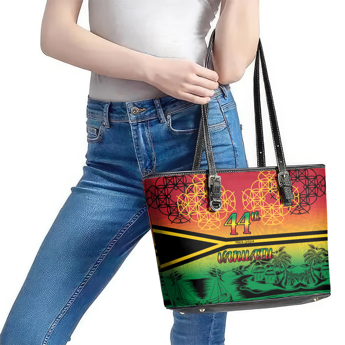 Hapi 44th Indipendens Dei Vanuatu Leather Tote Bag Yumi 1980 with Vanuatuan Beach Landscape LT9 - Polynesian Pride